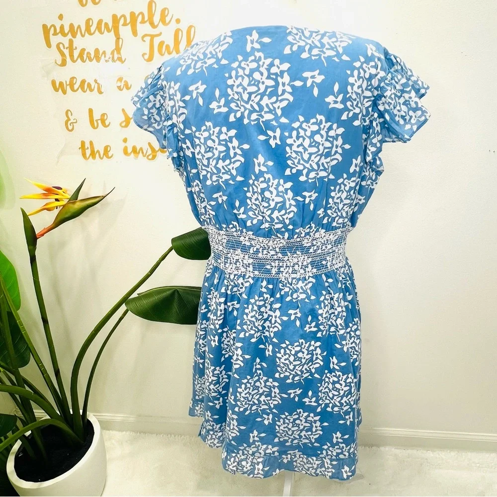SAIL TO SABLE Blue Floral Flutter Ruffle Sleeve Smock Waist Mini Dress Large - Picture 6 of 13